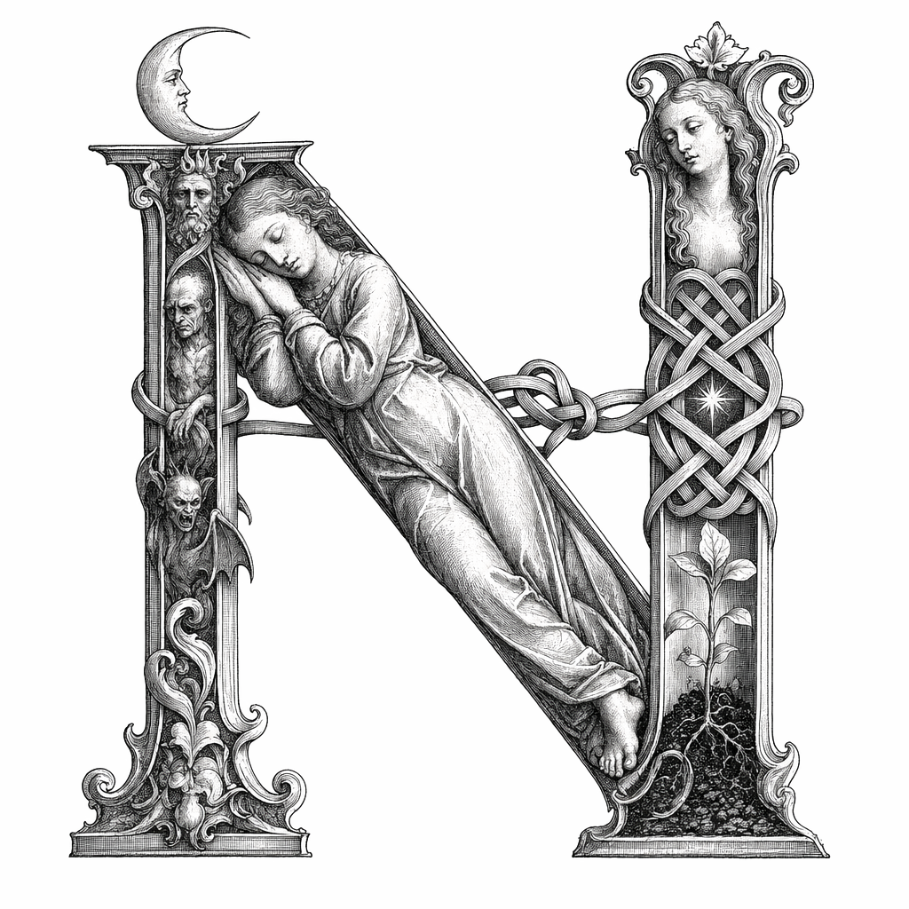 Noah — lettrine gravée de l'initiale N
