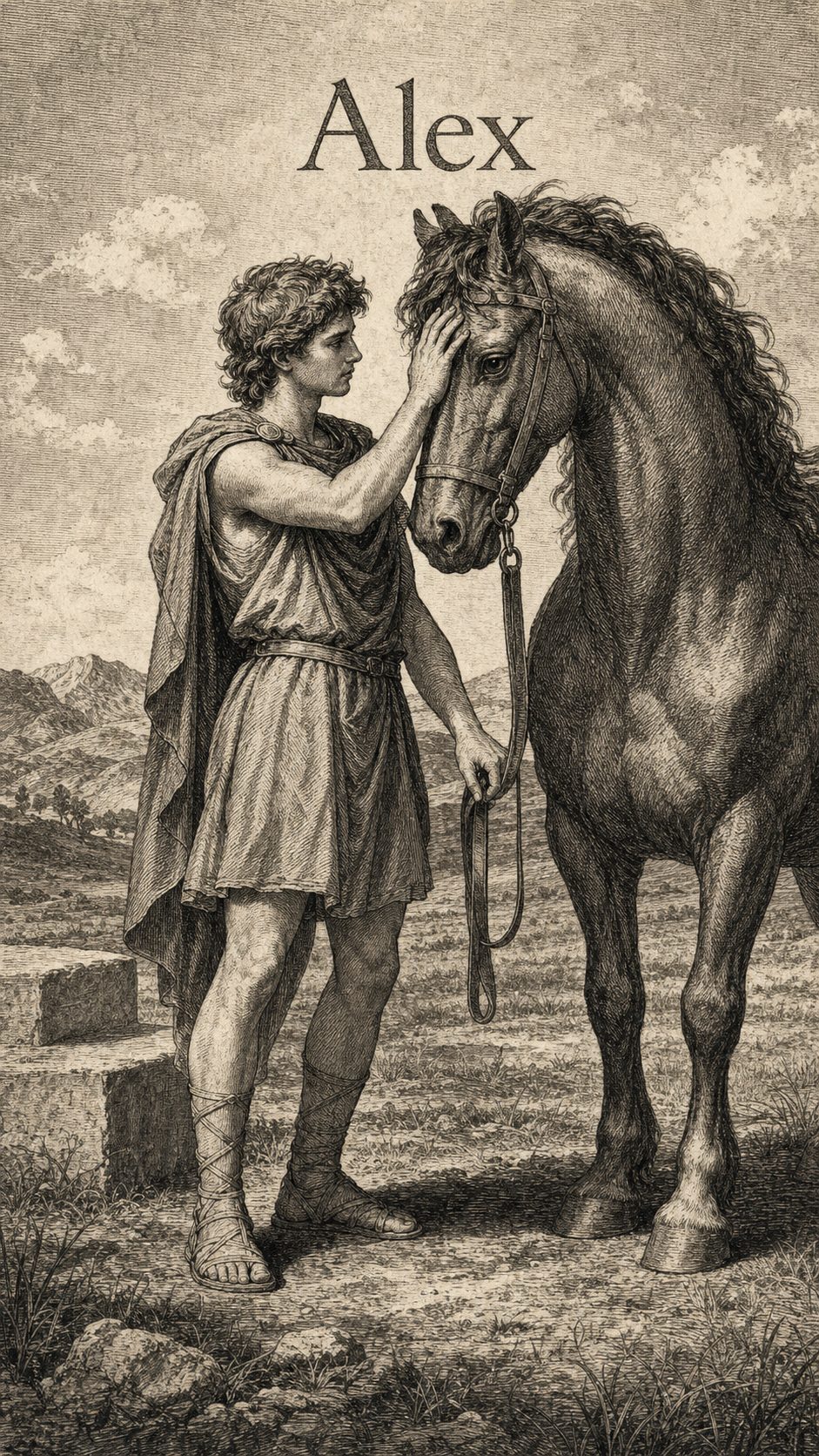 Illustration gravée du prénom Alex