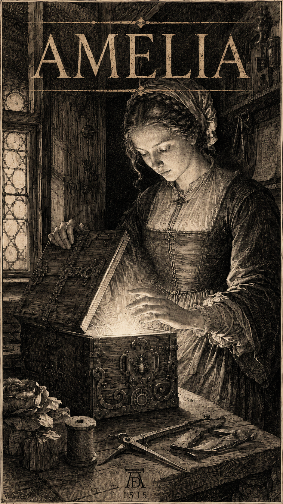 Signification du prénom Amélia — gravure : la femme à l'atelier ouvrant un coffret d'où monte la lumière