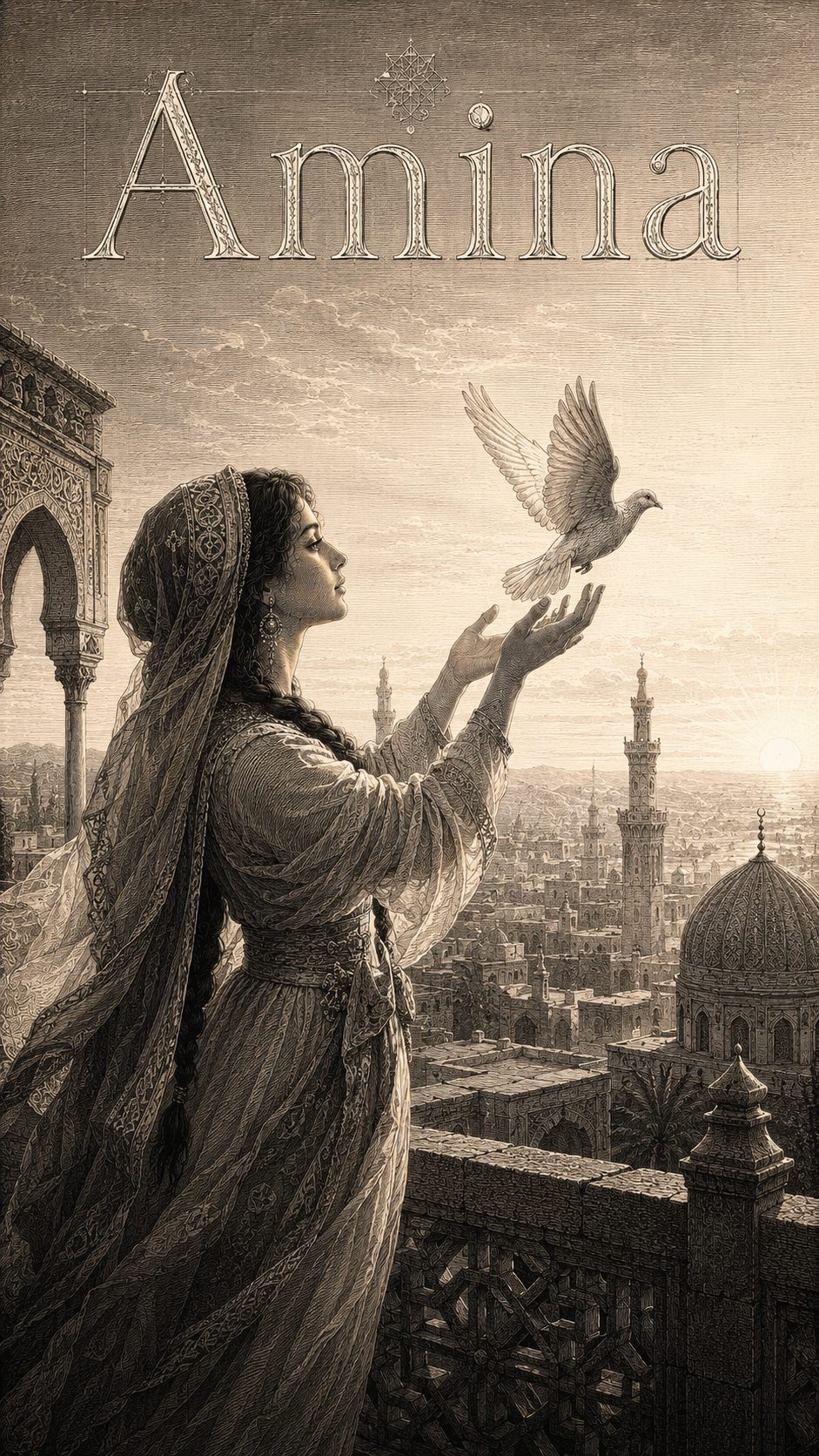 Illustration gravée du prénom Amina