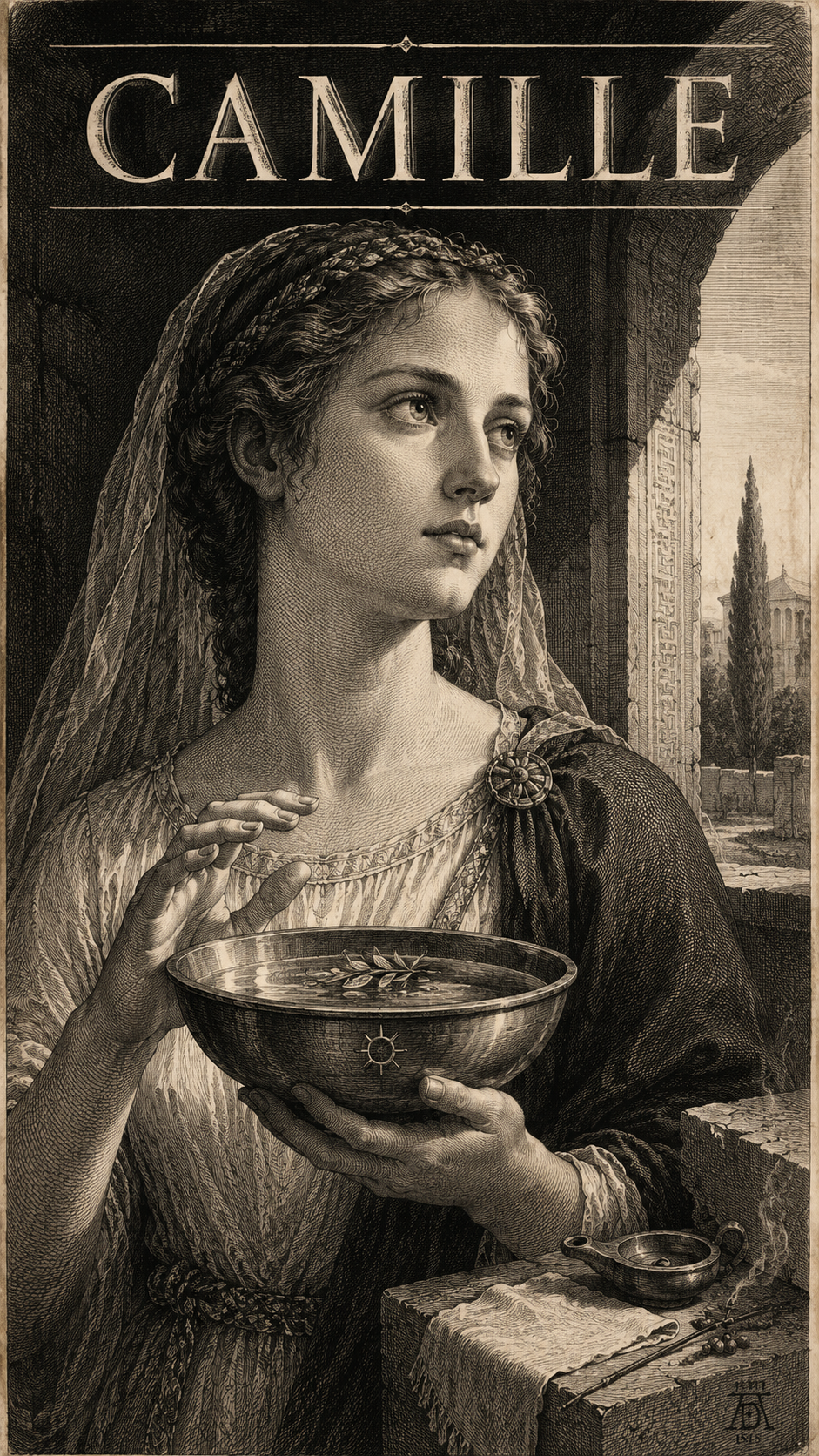 Signification du prénom Camille — gravure : la servante du temple au bassin lustral, le regard levé