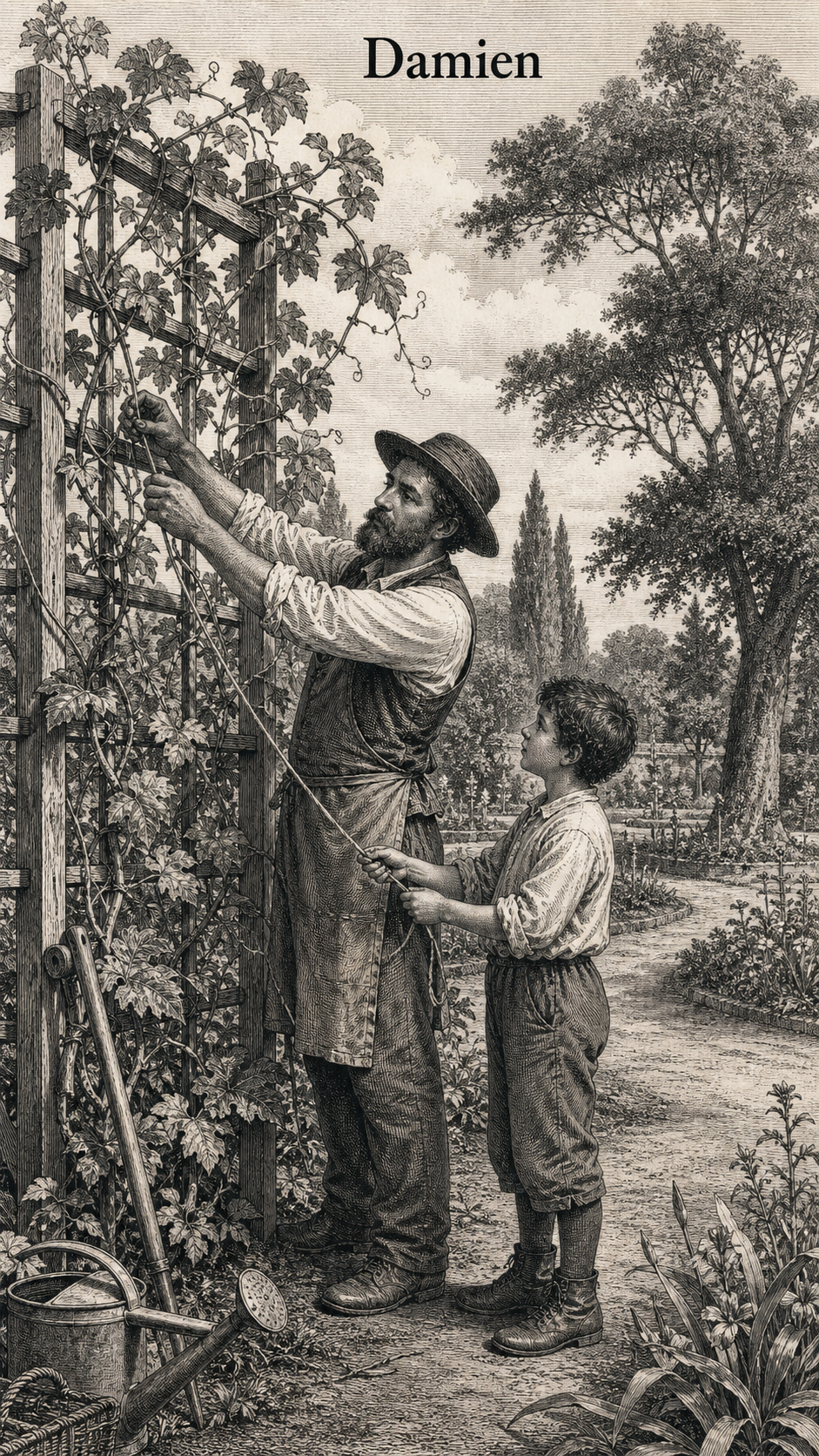 Illustration gravée du prénom Damien