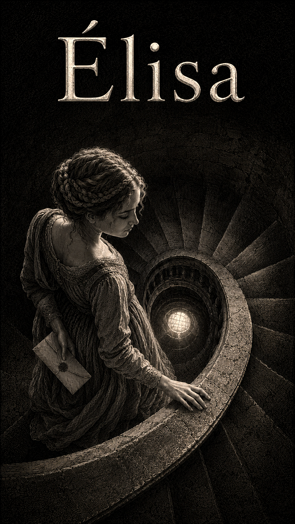 Signification du prénom Élisa — gravure : la lectrice dans l'escalier en colimaçon, lettre à la main
