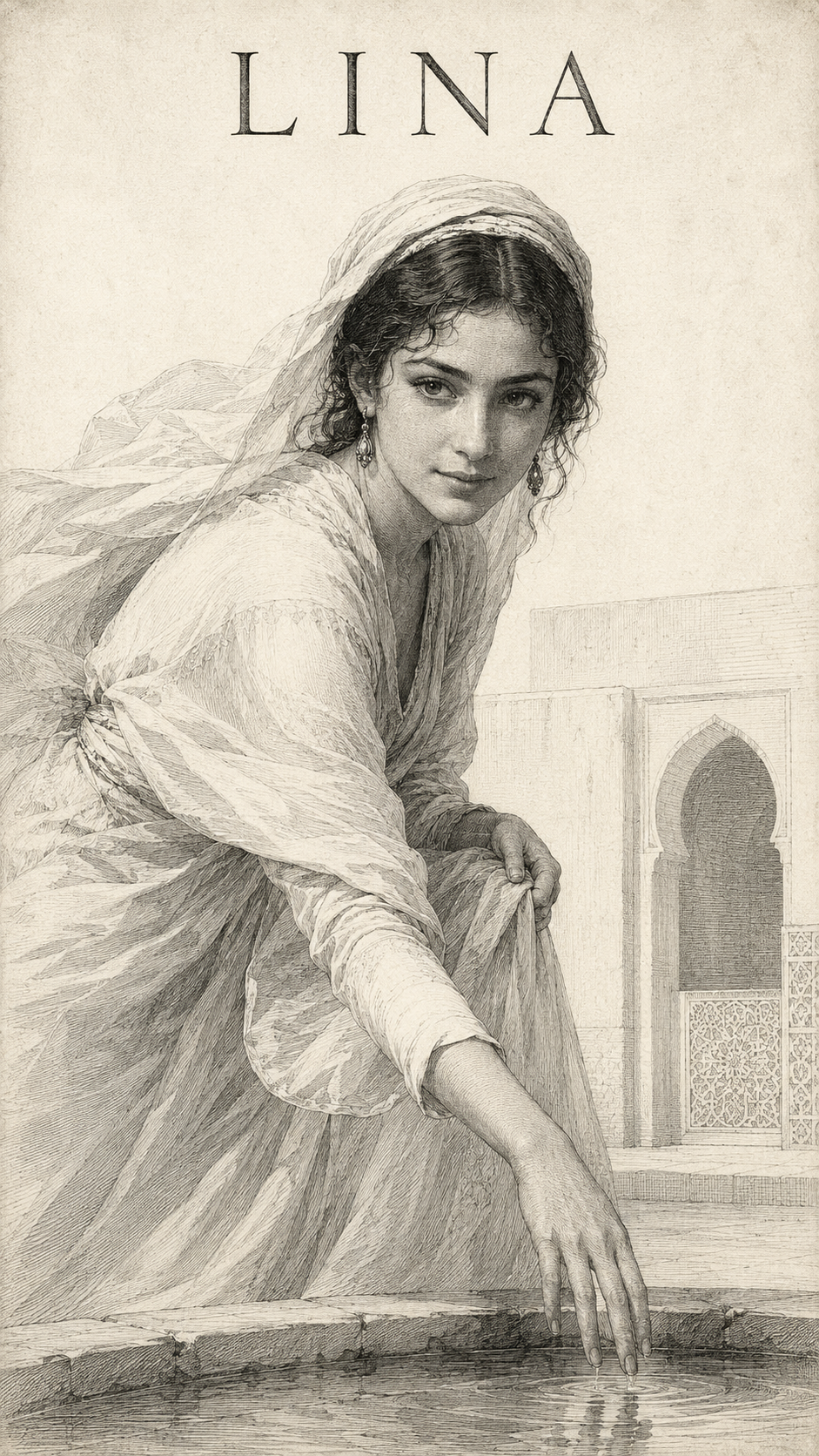 Signification du prénom Lina — gravure : jeune femme voilée penchée au bord d'un bassin, architecture mauresque en fond