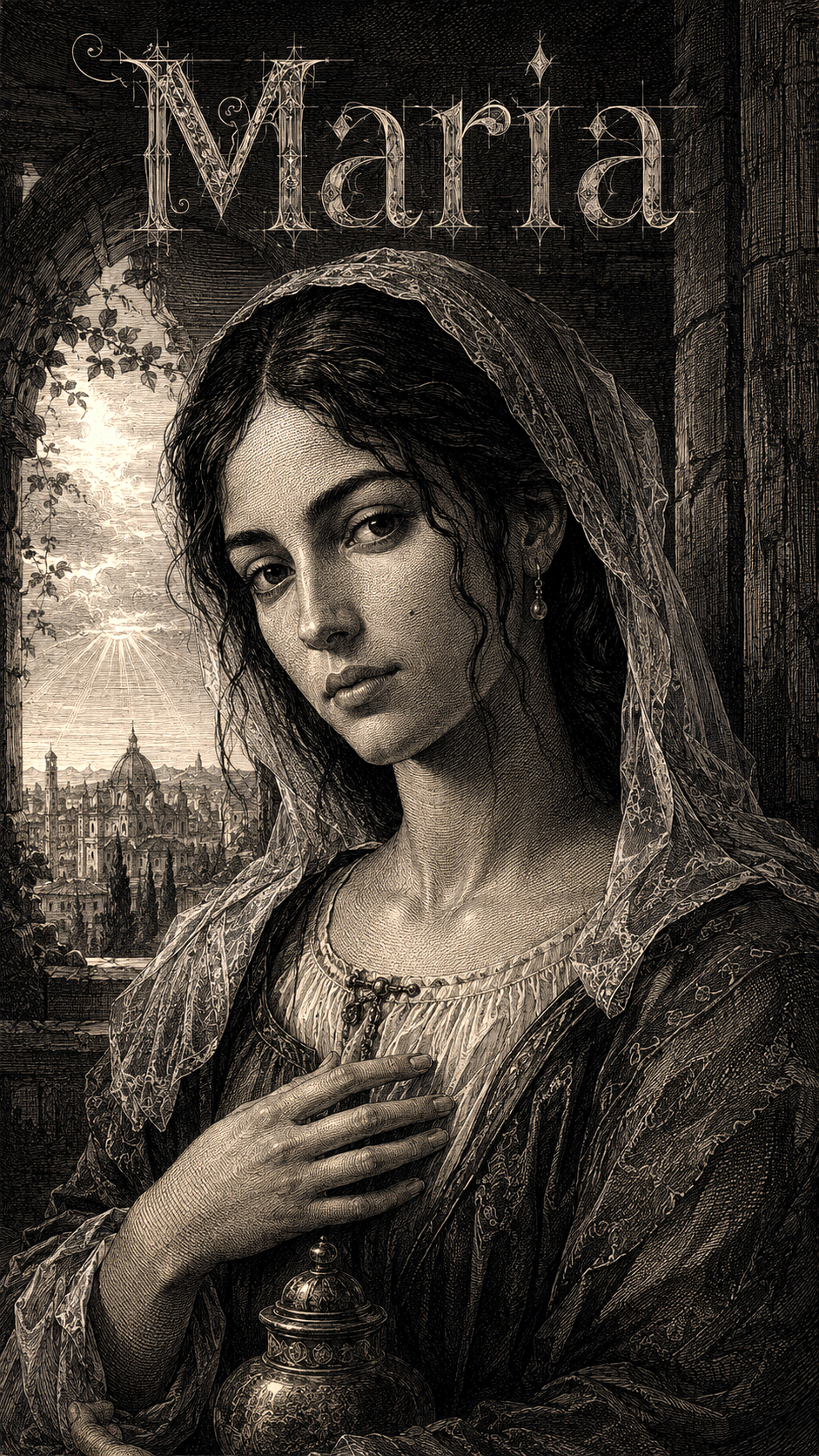 Signification du prénom Maria — gravure : le voile de dentelle, la ville et la lumière à la fenêtre