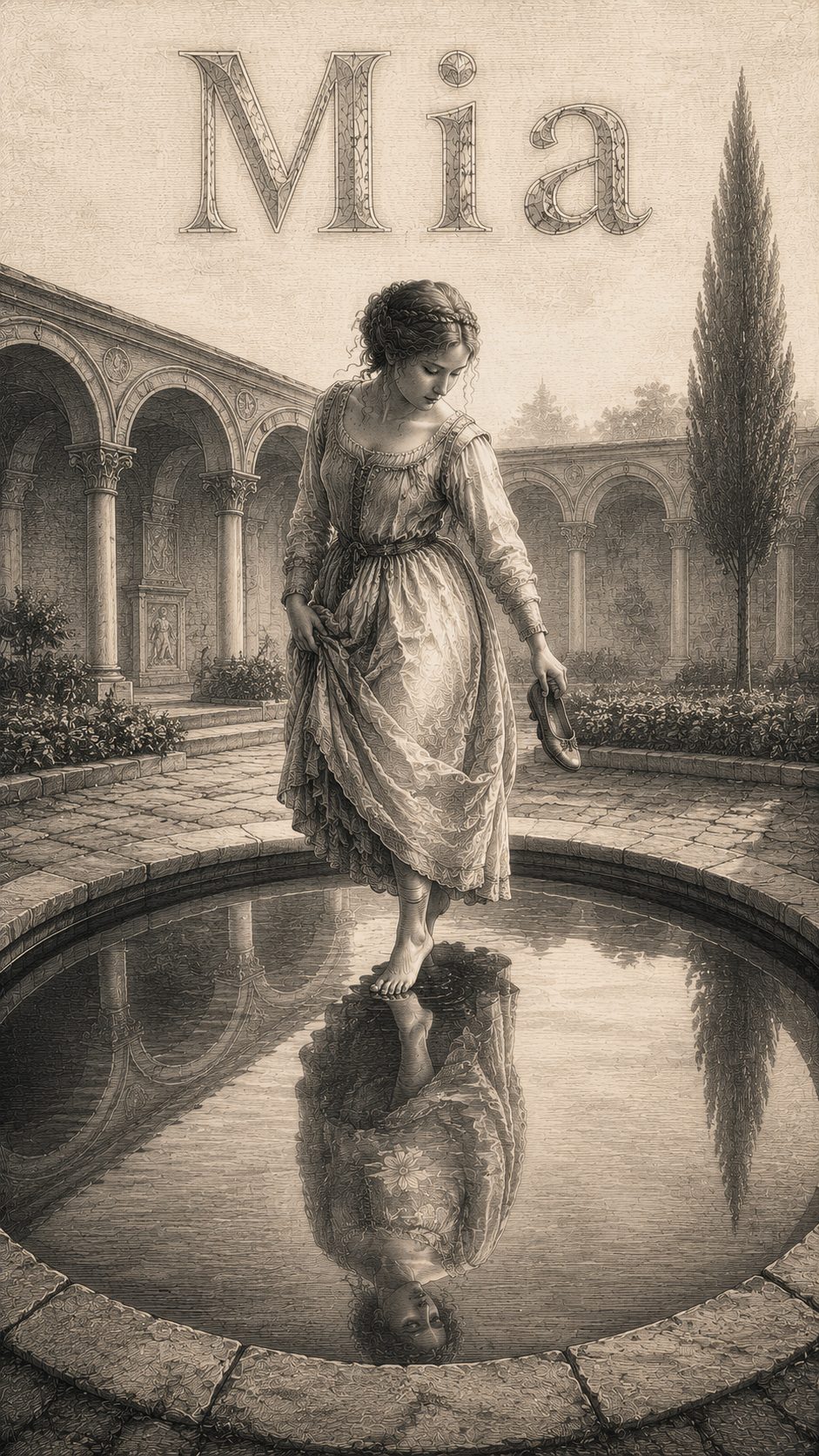 Illustration gravée du prénom Mia