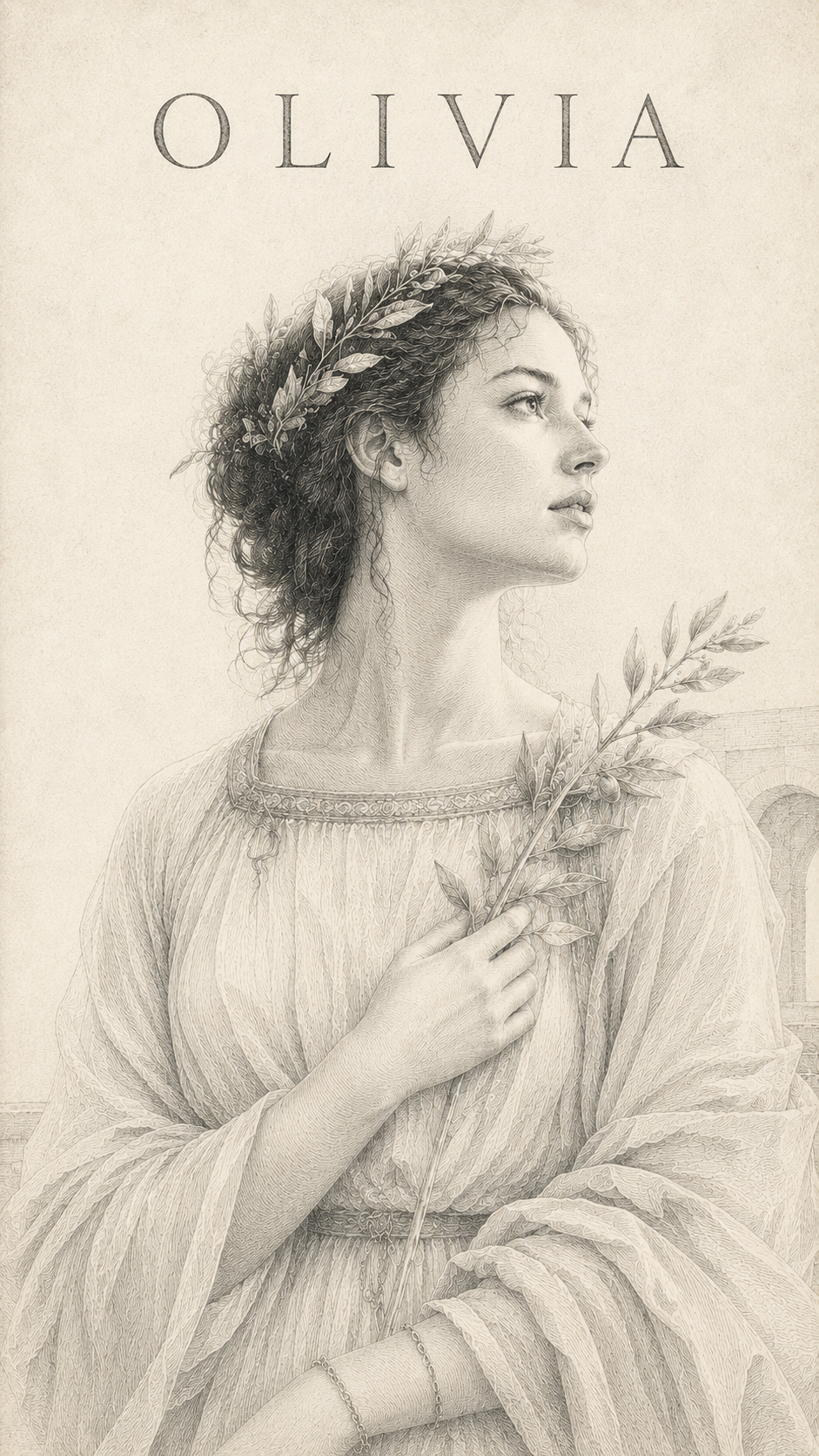 Signification du prénom Olivia — gravure : jeune femme couronnée de laurier, tenant un rameau d'olivier, regard tourné vers la lumière