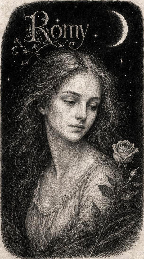Signification du prénom Romy — gravure : le portrait au croissant de lune et à la rose