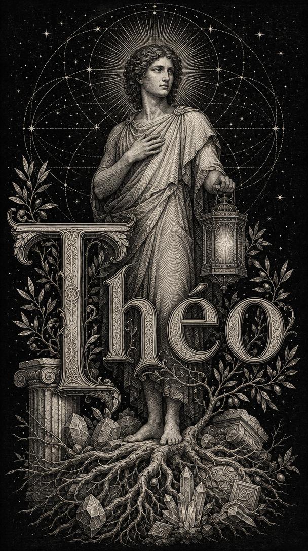 Signification du prénom Théo — gravure : la figure à la lanterne, debout sur les racines, sous les constellations