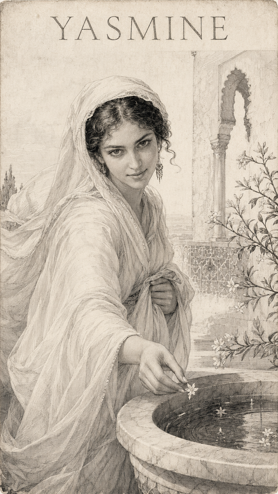 Signification du prénom Yasmine — gravure : jeune femme voilée cueillant une fleur de jasmin au bord d'une fontaine